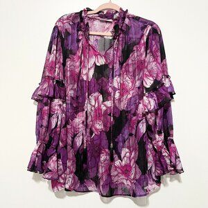 Susan Graver Womens Sheer Peasant Blouse 1X Dark Floral Ruffles Fairy Mystical